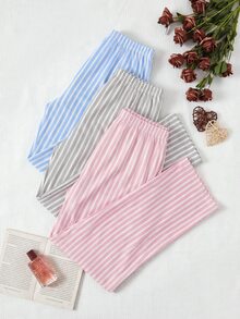 SHEIN 大尺碼女款 3 件組純棉多色條紋長款睡褲套裝 - 彩色 - 查看 7