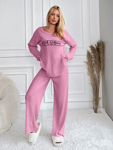 SHEIN Cottnline Letter Graphic Drop Shoulder Lounge Set - Pink - View 5