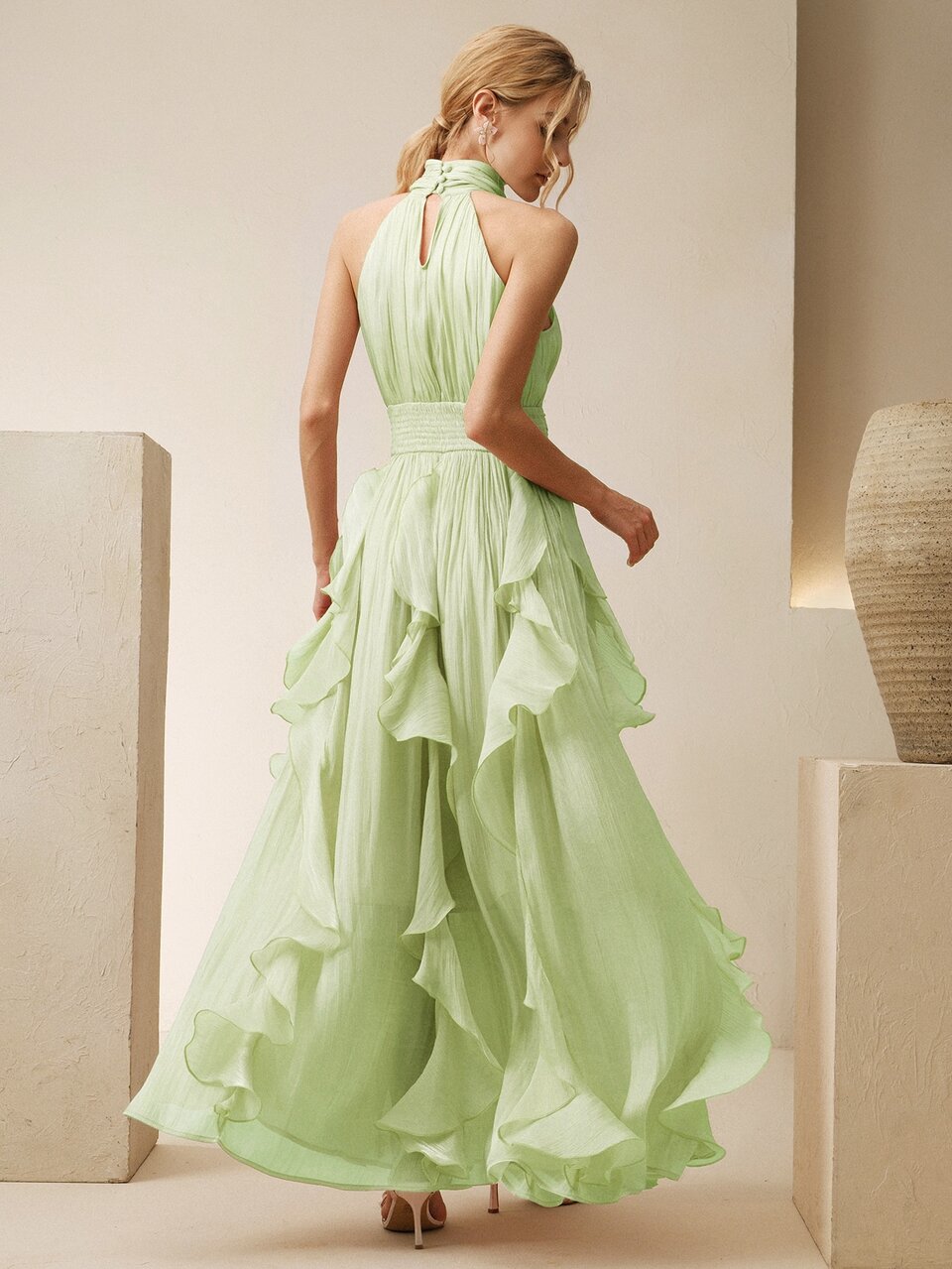 Anewsta Women's New Summer Elegant Sleeveless Halter Neck Long Dress With Ruched Waist, Slimming Glossy Wavy Hem Full Skirt, Pistachio Green, Suitable For Party, Banquet, Gathering