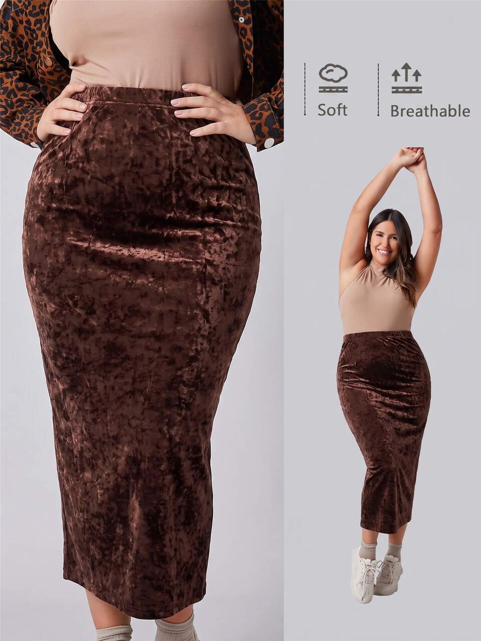 Plus Size Women's Autumn/Winter Casual Elegant Party Velvet Solid Brown Bodycon Skirt,Suitable Wedding, Friends Gathering, Festival,Fall,Date Night