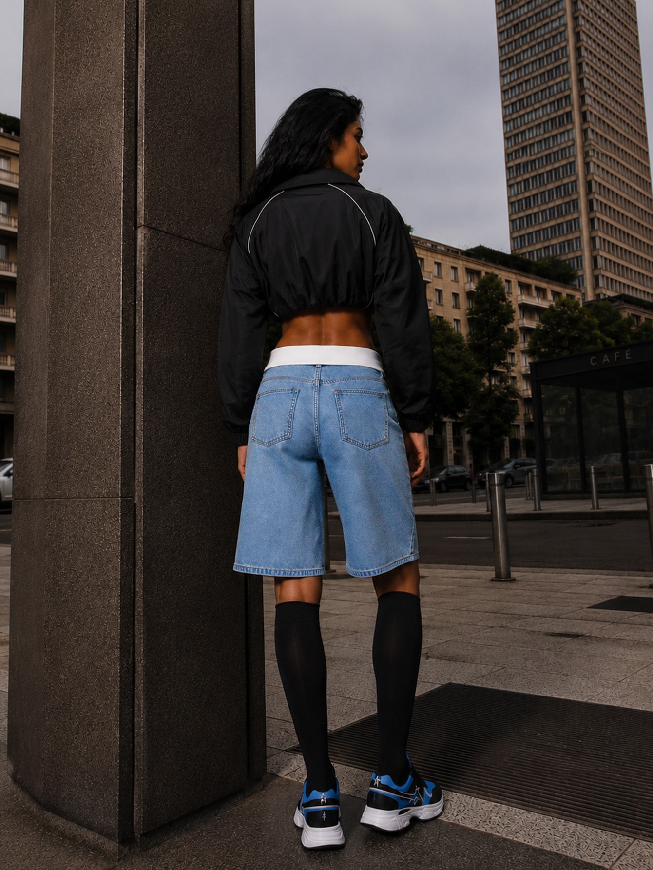 Light Wash Denim Knit Foldover Wide Leg Jorts, view 4