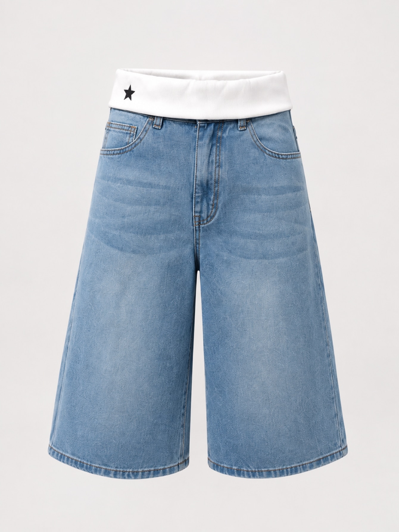 Light Wash Denim Knit Foldover Wide Leg Jorts, view 5