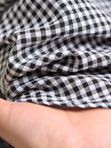 Shapeblank Kemeja Lengan Panjang Ukuran Besar Motif Kotak-kotak dengan Hiasan Ruffle dan Pita, Cocok untuk Musim Gugur, Kantor, Ulang Tahun, Warna Hitam dan Emas, Gaya Vintage 1950-an dan 80-an - Hitam dan Putih - View 5