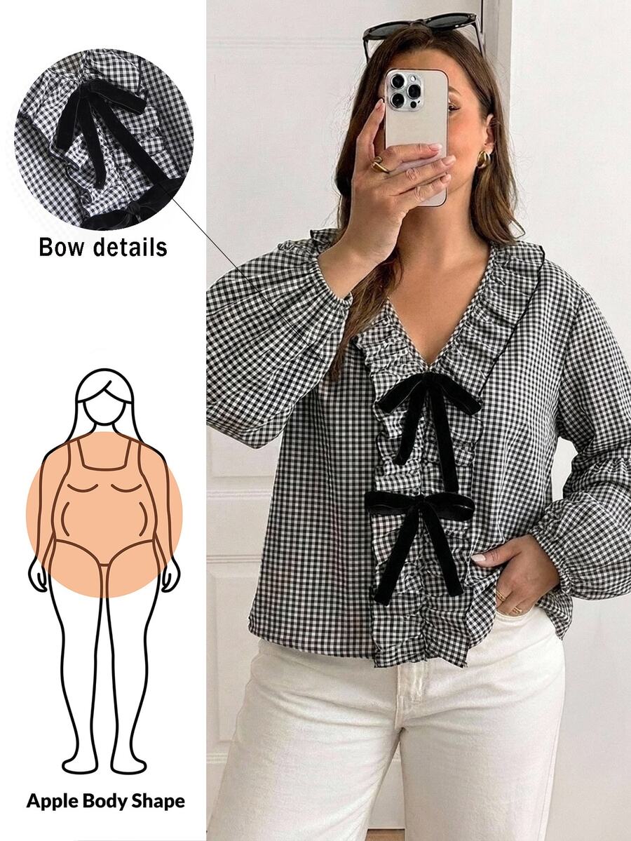 Shapeblank Kemeja Lengan Panjang Ukuran Besar Motif Kotak-kotak dengan Hiasan Ruffle dan Pita, Cocok untuk Musim Gugur, Kantor, Ulang Tahun, Warna Hitam dan Emas, Gaya Vintage 1950-an dan 80-an - Hitam dan Putih - View 1