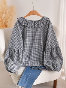 Shapeblank Kemeja Lengan Panjang Ukuran Besar Motif Kotak-kotak dengan Hiasan Ruffle dan Pita, Cocok untuk Musim Gugur, Kantor, Ulang Tahun, Warna Hitam dan Emas, Gaya Vintage 1950-an dan 80-an - Hitam dan Putih - View 3