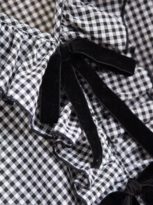 Shapeblank Kemeja Lengan Panjang Ukuran Besar Motif Kotak-kotak dengan Hiasan Ruffle dan Pita, Cocok untuk Musim Gugur, Kantor, Ulang Tahun, Warna Hitam dan Emas, Gaya Vintage 1950-an dan 80-an - Hitam dan Putih - View 7