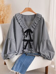 Shapeblank Kemeja Lengan Panjang Ukuran Besar Motif Kotak-kotak dengan Hiasan Ruffle dan Pita, Cocok untuk Musim Gugur, Kantor, Ulang Tahun, Warna Hitam dan Emas, Gaya Vintage 1950-an dan 80-an - Hitam dan Putih - View 4