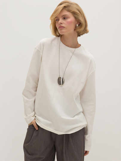 MUSEYN Weißes Oversized Langarm Rundhals Basic T-Shirt aus Jersey