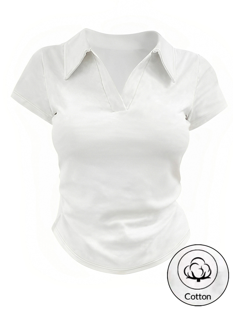 Airaco Women's Solid Color Polo Collar Short Sleeve Casual Versatile T-Shirt - White - View 1
