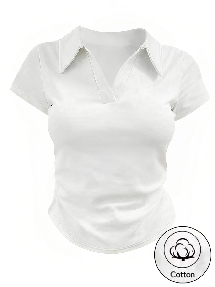 Airaco 女士纯色 Polo 领短袖休闲百搭 T 恤 - 白色 - 查看 1