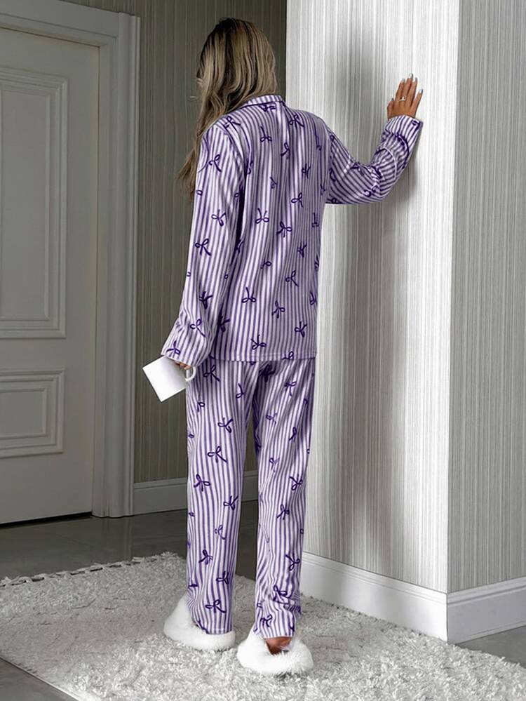 SHEIN Petite Size Women 2 Pcs Button Front With Striped&Bow Pattern Long Sleeved Shirt & Long Pants Casual Homewear Cute Casual Pajama Set - Lilac Purple - View 2
