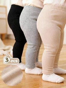 SHEIN Playful Pals 幼兒女嬰 3件組羅紋針織內搭褲，柔軟彈性腰帶休閒簡約日常褲裝套裝，黑色、淺灰色、杏色，秋季 - 彩色 - 查看 1