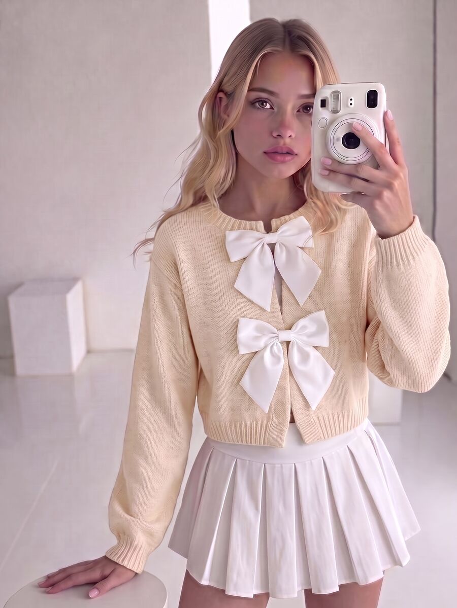 SHEIN Explorewe 青少年女孩時尚手工蝴蝶結針織開襟毛衣長袖 - 杏色 - 查看 1