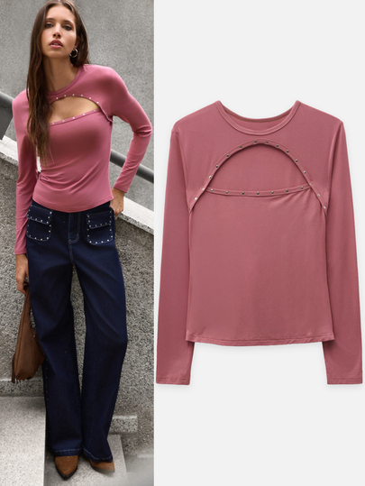 Nöista Pink Fitted Top With Studded Cut-Out Detail For Party, Going Out And Evening Occasions