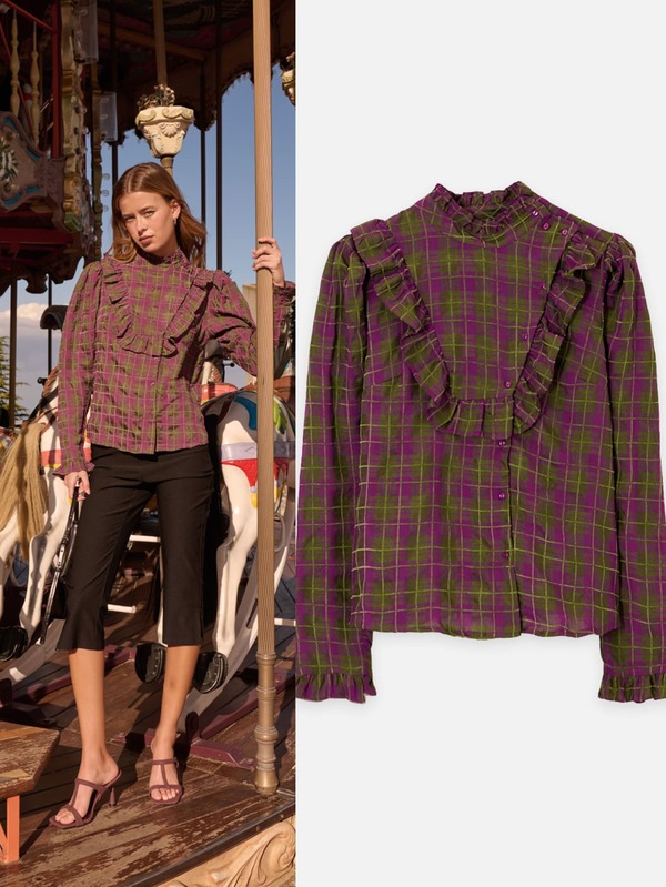 Nöista 紫色格紋泡泡袖荷葉邊襯衫，秋季休閒藝術風