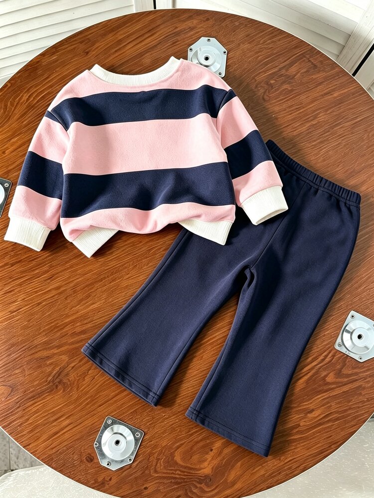 Baby Girls Cute Bear Print 2 Pieces Set, Pink & Navy Blue Contrast Wide Stripe Crew Neck Pullover Sweatshirt With Exquisite Letter Print, Ribbed Cuffs, Paired With Navy Blue Flare Pants, Loose Comfortable Fit, Sweet & Stylish Casual Outfit For Spring, Autumn, Winter, Daily Wear - Multicolor - View 2