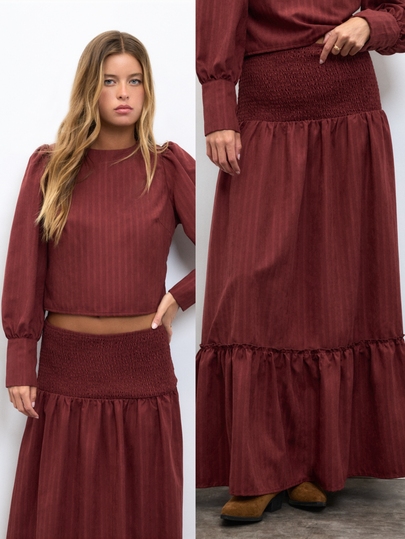 Nöista 2 Pieces Set With Stripped Fabric, Top With Gathering Sholders And Skirt With Smoked Detail On The Waist Perfect Burgundy For Fall Winter