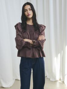 Nöista Model A-Line, Kotak-kotak Burgundy, Berkerut, Bergelombang, Model A-Line Longgar, Awet Muda. Pakaian Kasual Lembut, Liburan, Tampilan Romantis Musim Gugur Musim Dingin. - Rust Brown - View 6