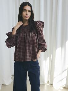 Nöista Model A-Line, Kotak-kotak Burgundy, Berkerut, Bergelombang, Model A-Line Longgar, Awet Muda. Pakaian Kasual Lembut, Liburan, Tampilan Romantis Musim Gugur Musim Dingin. - Rust Brown - View 2