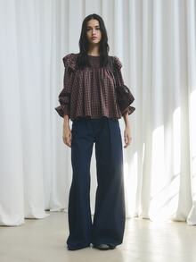 Nöista Model A-Line, Kotak-kotak Burgundy, Berkerut, Bergelombang, Model A-Line Longgar, Awet Muda. Pakaian Kasual Lembut, Liburan, Tampilan Romantis Musim Gugur Musim Dingin. - Rust Brown - View 1