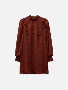 Nöista Rust Brown Paisley Mini Dress With Ruffle Neckline, Puff Sleeves And Fitted Cuffs. A Cute, Elegant Vintage Style For Fall And Going Out Party Everyday - Redwood - View 9