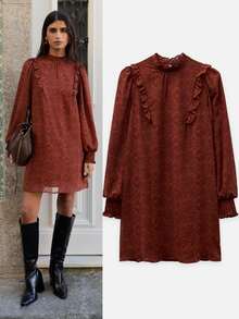 Nöista Rust Brown Paisley Mini Dress With Ruffle Neckline, Puff Sleeves And Fitted Cuffs. A Cute, Elegant Vintage Style For Fall And Going Out Party Everyday - Redwood - View 4