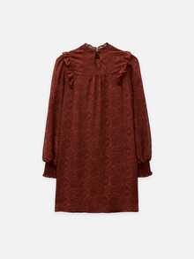 Nöista Rust Brown Paisley Mini Dress With Ruffle Neckline, Puff Sleeves And Fitted Cuffs. A Cute, Elegant Vintage Style For Fall And Going Out Party Everyday - Redwood - View 10
