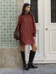 Nöista Rust Brown Paisley Mini Dress With Ruffle Neckline, Puff Sleeves And Fitted Cuffs. A Cute, Elegant Vintage Style For Fall And Going Out Party Everyday - Redwood - View 1