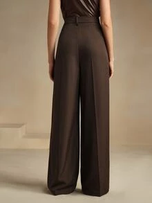 Anewsta Essential Women Solid Color Pleated High Waist Straight Leg Palazzo Pants - Coffee Brown - View 3