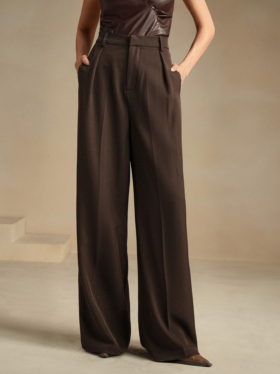 Anewsta Women Fall Solid Color Pleated Morden Elegant Chic High Waist Straight Leg Palazzo Dark Brown Pants Office Business Summer Casual/Formal Minimalism