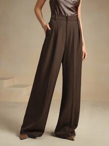 Anewsta Essential Women Solid Color Pleated High Waist Straight Leg Palazzo Pants - Coffee Brown - View 5