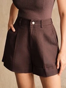 Anewsta Essential Fashionable & Elegant Solid Color Wide Leg Shorts, Suitable For Commuting, Going Out, Festivals, Summer For Women, Autumn/Fall - Coffee Brown - View 4