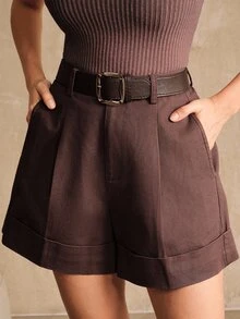 Anewsta Essential Fashionable & Elegant Solid Color Wide Leg Shorts, Suitable For Commuting, Going Out, Festivals, Summer For Women, Autumn/Fall - Coffee Brown - View 1