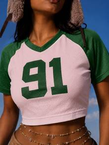 Zerodot Women Cropped Graphic Print Colorblock T-Shirt Jersey Casual Daily Spring Fall Back To School - Pink - View 3