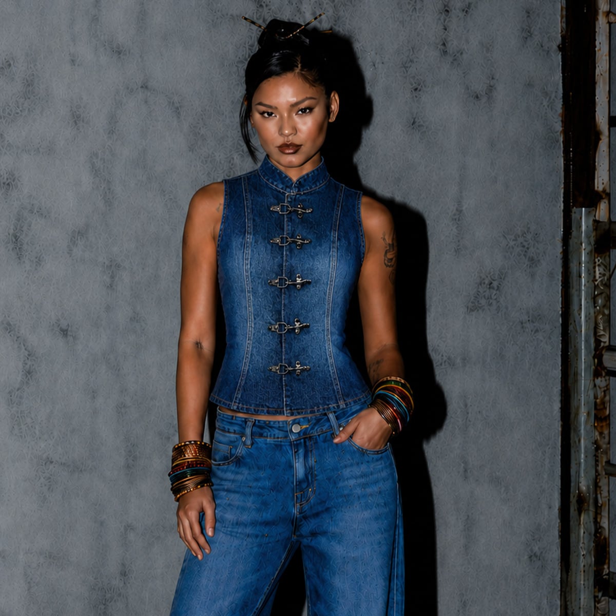 Denim Sleeveless Waistcoat Top, view 9
