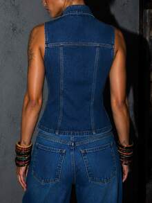 Zerodot Women Denim Sleeveless Waistcoat Top Casual Daily Fall Pre Fall - Blue - View 2