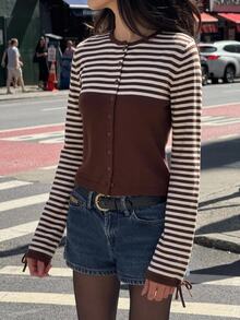 SHEIN Frenchy 女款拼接棕色條紋長袖單排扣休閒針織薄款開襟衫，適合早午餐與日常秋季穿搭 - 棕色 - 查看 7