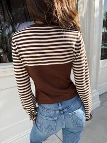 SHEIN Frenchy 女款拼接棕色條紋長袖單排扣休閒針織薄款開襟衫，適合早午餐與日常秋季穿搭 - 棕色 - 查看 2