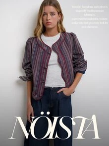 Nöista 套裝單品 條紋鈕扣前襟夾克，圓領長袖，適合秋冬、大學校園、辦公室，舒適日常穿搭，套裝搭配 - 藏蓝色 - 查看 10