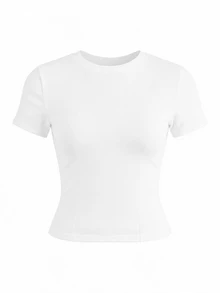 MUSEYN White Jersey Fitted Short Sleeve Crew Neck Basic T-Shirt Chic Versatile  Everyday Casual Fall - White - View 7