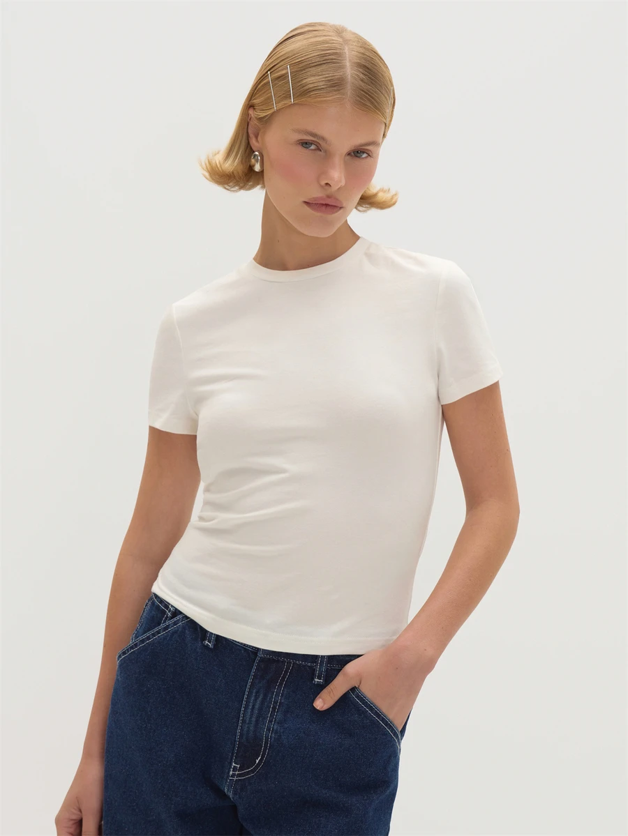 MUSEYN White Jersey Fitted Short Sleeve Crew Neck Basic T-Shirt Chic Versatile Everyday Casual Fall - White - View 1