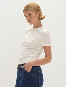 MUSEYN White Jersey Fitted Short Sleeve Crew Neck Basic T-Shirt Chic Versatile  Everyday Casual Fall - White - View 4