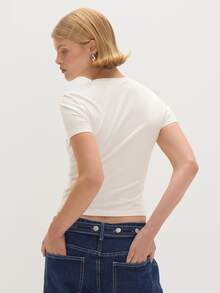 MUSEYN White Jersey Fitted Short Sleeve Crew Neck Basic T-Shirt Chic Versatile  Everyday Casual Fall - White - View 5