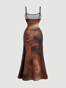 SHEIN MOD 大码棕色百合花印花两件套开衫中长连衣裙，适合度假、音乐节等场合 - 棕色 - 查看 12