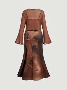 SHEIN MOD 大码棕色百合花印花两件套开衫中长连衣裙，适合度假、音乐节等场合 - 棕色 - 查看 14
