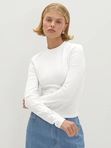 MUSEYN White Jersey Fitted Long Sleeve Crew Neck Basic T-Shirts Chic Versatile  Everyday Casual Fall New Season Capsule Wardrobe - White - View 1