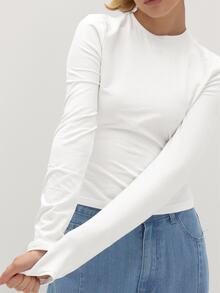 MUSEYN White Jersey Fitted Long Sleeve Crew Neck Basic T-Shirts Chic Versatile  Everyday Casual Fall New Season Capsule Wardrobe - White - View 3