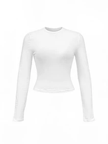MUSEYN White Jersey Fitted Long Sleeve Crew Neck Basic T-Shirts Chic Versatile  Everyday Casual Fall New Season Capsule Wardrobe - White - View 6