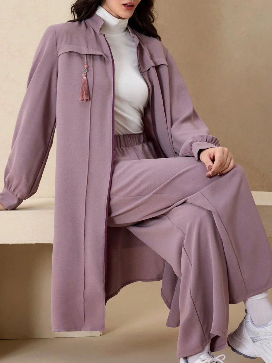 Modelyn Fitted Elegant Solid Color Zipper Long Sleeve Outerwear Arabic Style Women Outfit, Autumn/Winter Fall - Purple - View 1