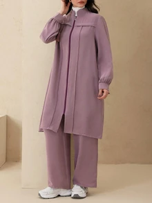 Modelyn Fitted Elegant Solid Color Zipper Long Sleeve Outerwear Arabic Style Women Outfit, Autumn/Winter Fall - Purple - View 4